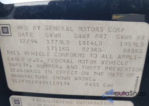 1995 Chevrolet Corvette z USA, uszkodzony, nr VIN 1G1YY22P3S5110184